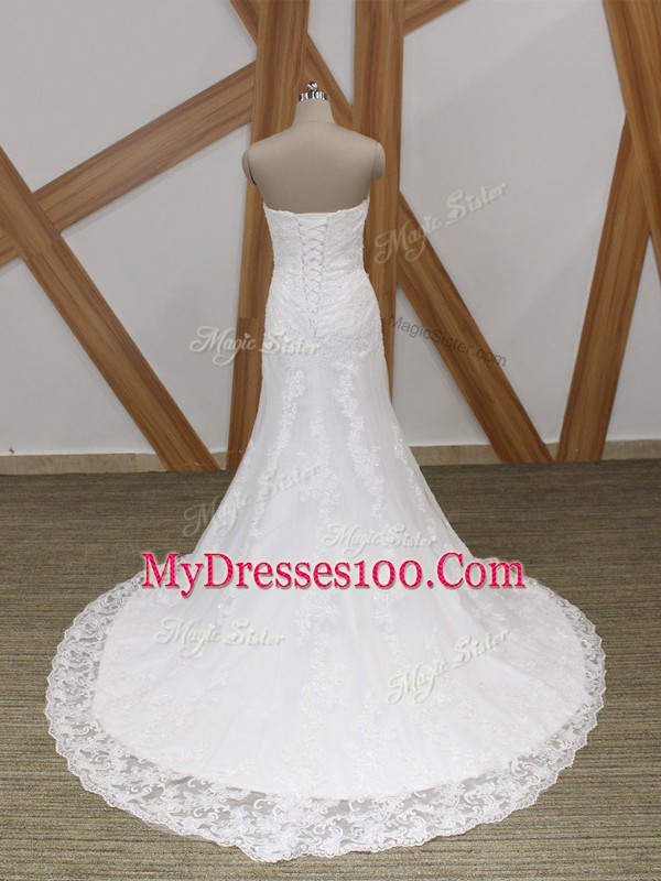 High Quality White Sleeveless Tulle Brush Train Lace Up Wedding Dress for Wedding Party