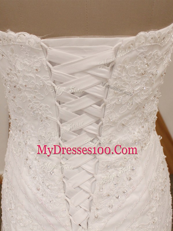 High Quality White Sleeveless Tulle Brush Train Lace Up Wedding Dress for Wedding Party
