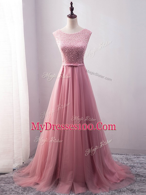 Sleeveless Tulle Brush Train Lace Up in Pink with Beading and Belt