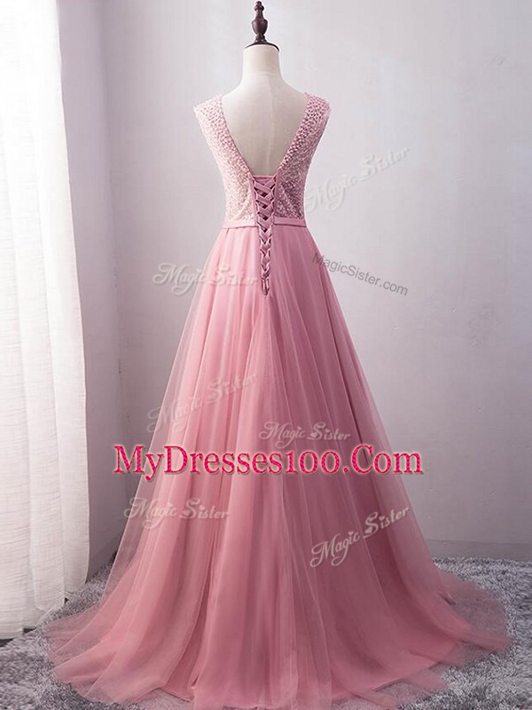 Sleeveless Tulle Brush Train Lace Up in Pink with Beading and Belt
