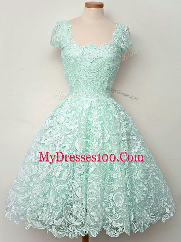 Nice Apple Green Cap Sleeves Lace Knee Length Quinceanera Court of Honor Dress