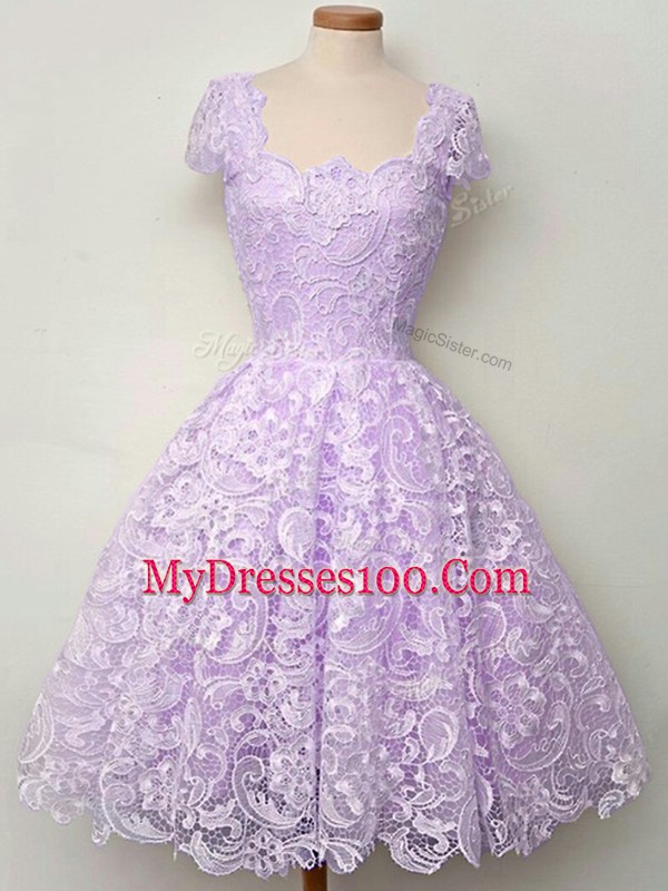 Lavender Lace Up Straps Lace Dama Dress Lace Cap Sleeves
