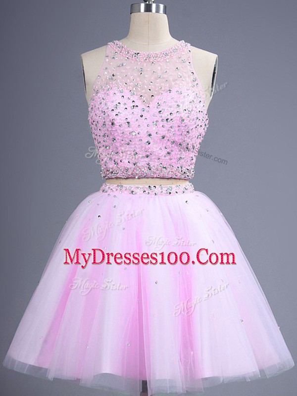 Luxurious Lilac Two Pieces Scoop Sleeveless Tulle Knee Length Lace Up Beading Dama Dress for Quinceanera