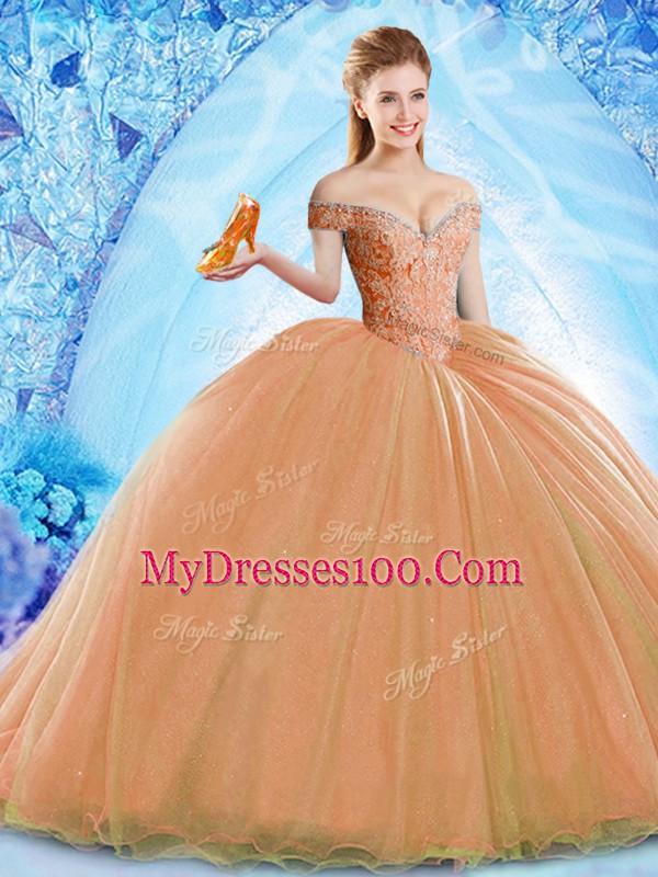 Orange Sleeveless Brush Train Beading Quinceanera Dress