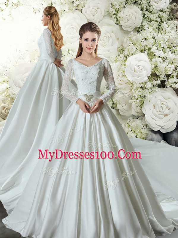 Cute White Lace Up V-neck Lace and Belt Wedding Dresses Taffeta Long Sleeves Chapel Train