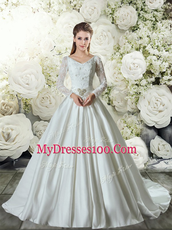 Cute White Lace Up V-neck Lace and Belt Wedding Dresses Taffeta Long Sleeves Chapel Train