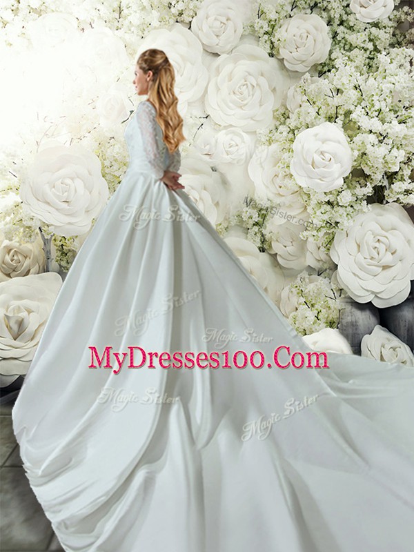 Cute White Lace Up V-neck Lace and Belt Wedding Dresses Taffeta Long Sleeves Chapel Train