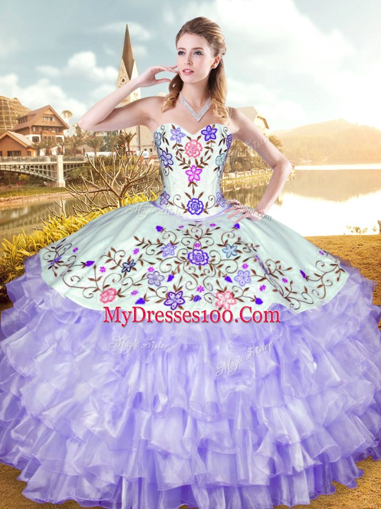 Floor Length Lace Up Quinceanera Gowns Lavender for Military Ball and Sweet 16 with Embroidery and Ruffled Layers