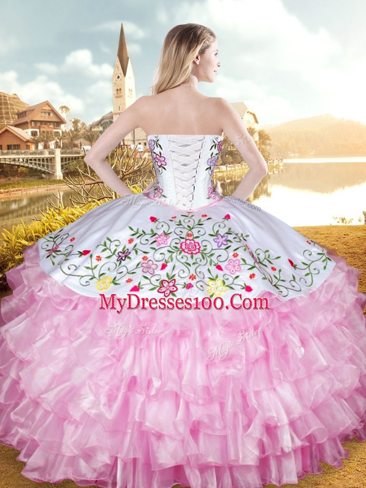 Floor Length Lace Up Quinceanera Gowns Lavender for Military Ball and Sweet 16 with Embroidery and Ruffled Layers