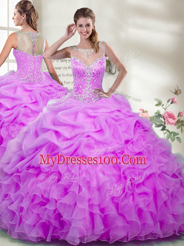 Scoop Sleeveless Organza Sweet 16 Dresses Beading and Ruffles Zipper