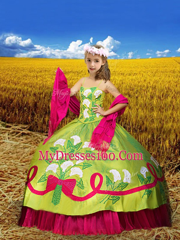 Olive Green Taffeta Lace Up Spaghetti Straps Sleeveless Floor Length Little Girls Pageant Dress Wholesale Embroidery