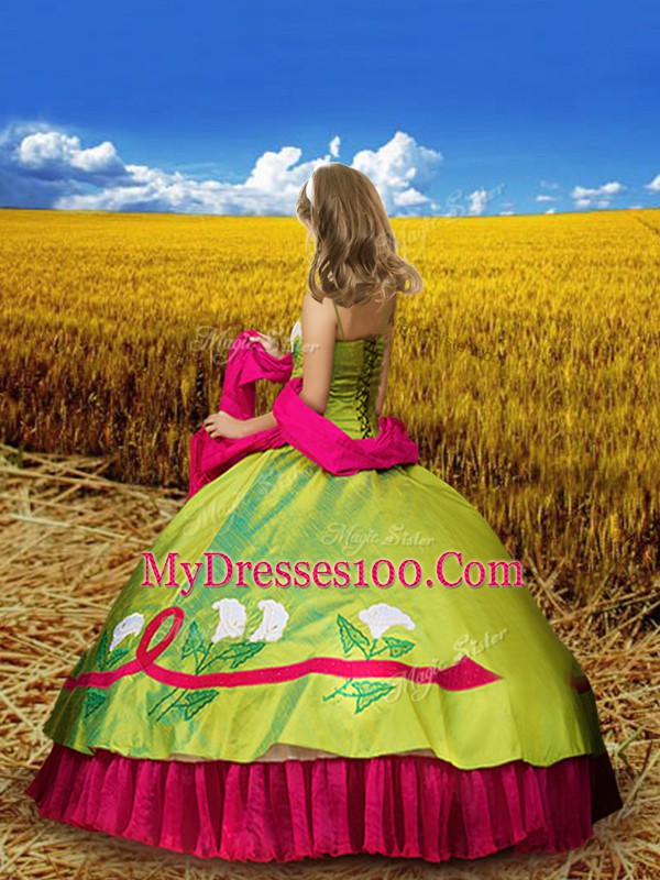 Olive Green Taffeta Lace Up Spaghetti Straps Sleeveless Floor Length Little Girls Pageant Dress Wholesale Embroidery