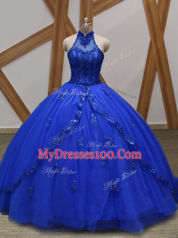 New Arrival Royal Blue Lace Up Halter Top Appliques Quinceanera Gown Tulle Sleeveless Brush Train