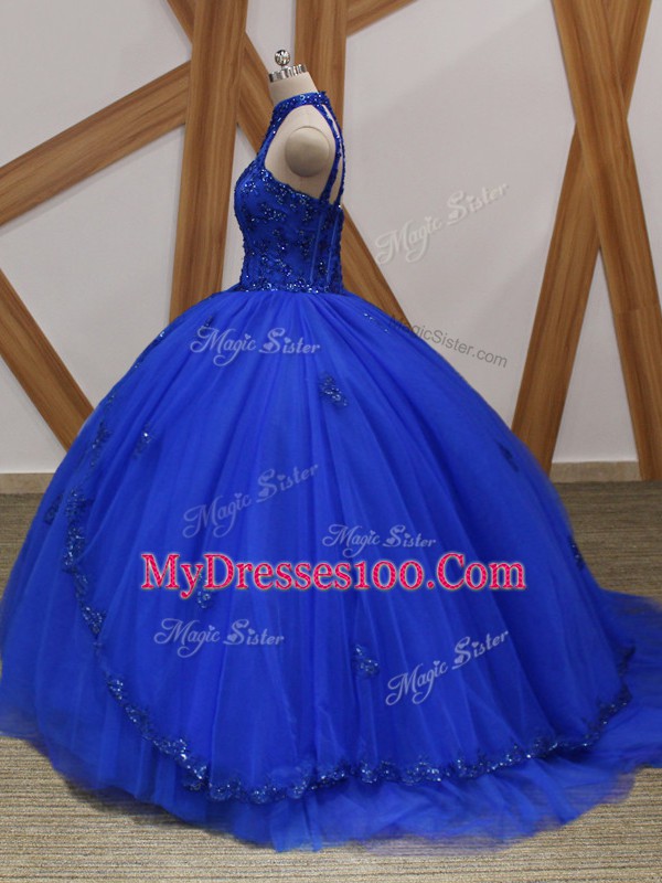 New Arrival Royal Blue Lace Up Halter Top Appliques Quinceanera Gown Tulle Sleeveless Brush Train