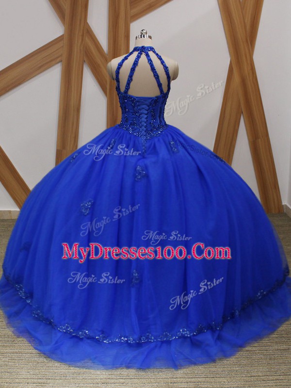 New Arrival Royal Blue Lace Up Halter Top Appliques Quinceanera Gown Tulle Sleeveless Brush Train