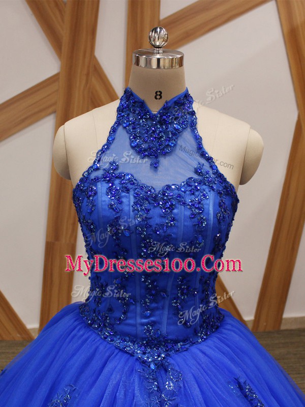 New Arrival Royal Blue Lace Up Halter Top Appliques Quinceanera Gown Tulle Sleeveless Brush Train