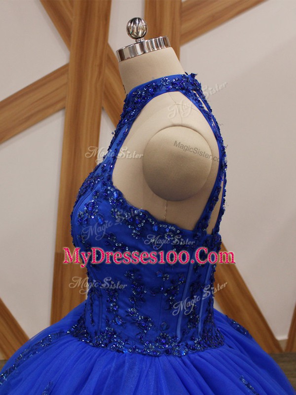 New Arrival Royal Blue Lace Up Halter Top Appliques Quinceanera Gown Tulle Sleeveless Brush Train