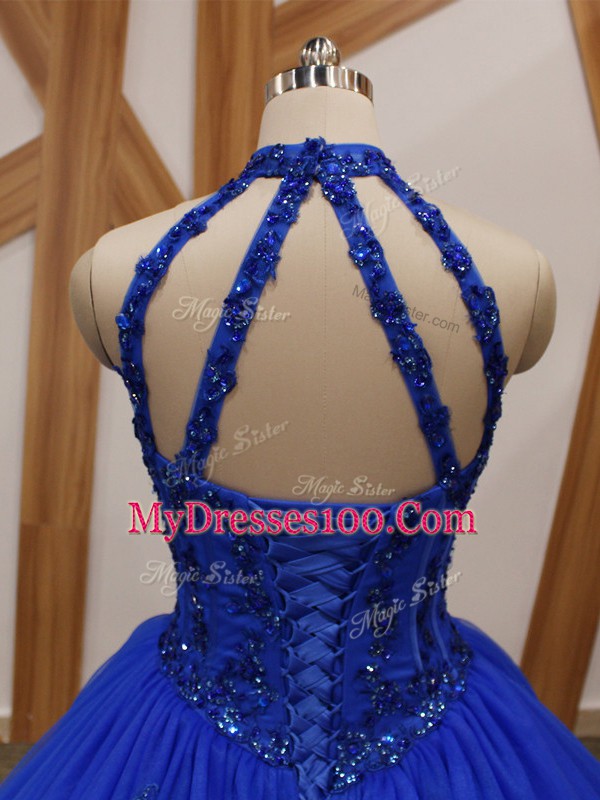 New Arrival Royal Blue Lace Up Halter Top Appliques Quinceanera Gown Tulle Sleeveless Brush Train