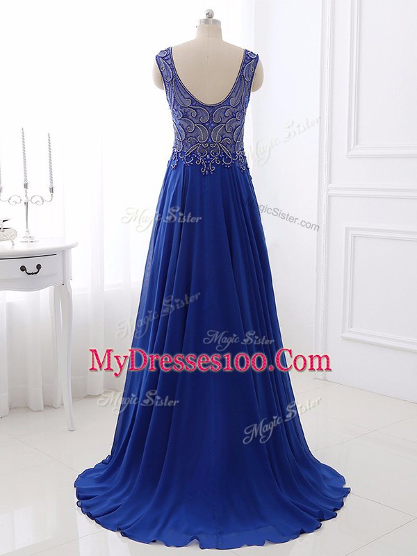Fashionable Royal Blue Empire Bateau Sleeveless Chiffon Sweep Train Side Zipper Beading Pageant Dresses