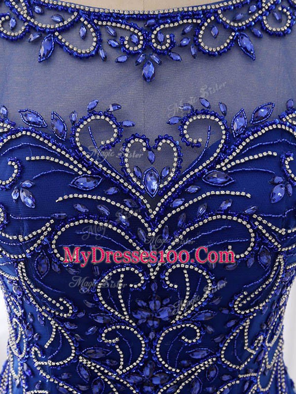 Fashionable Royal Blue Empire Bateau Sleeveless Chiffon Sweep Train Side Zipper Beading Pageant Dresses