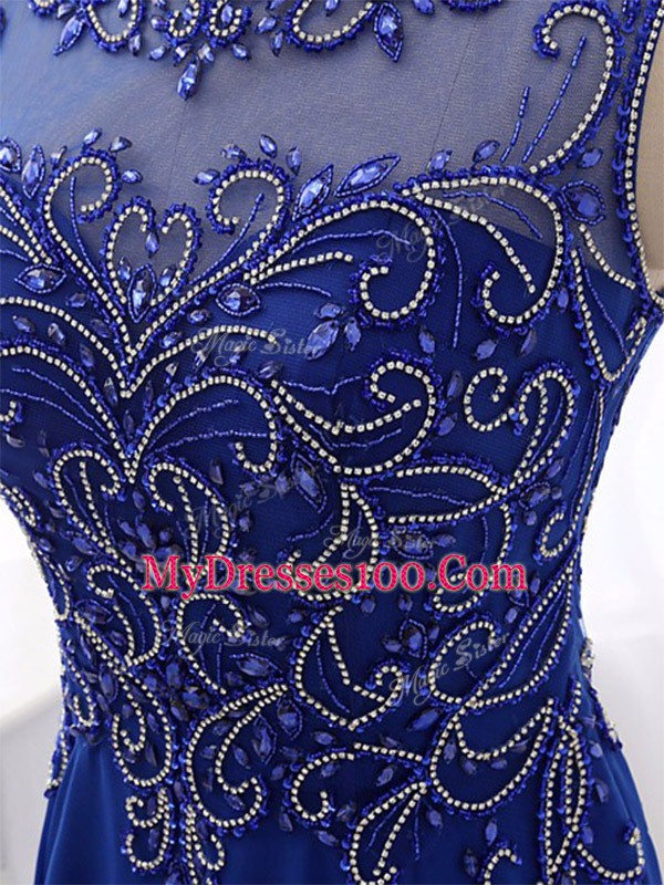 Fashionable Royal Blue Empire Bateau Sleeveless Chiffon Sweep Train Side Zipper Beading Pageant Dresses