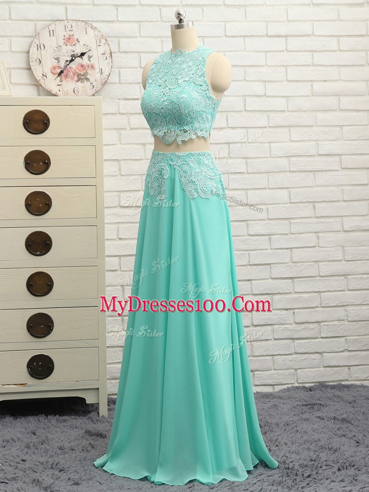 Adorable Apple Green Two Pieces High-neck Sleeveless Chiffon Floor Length Side Zipper Appliques Evening Dress
