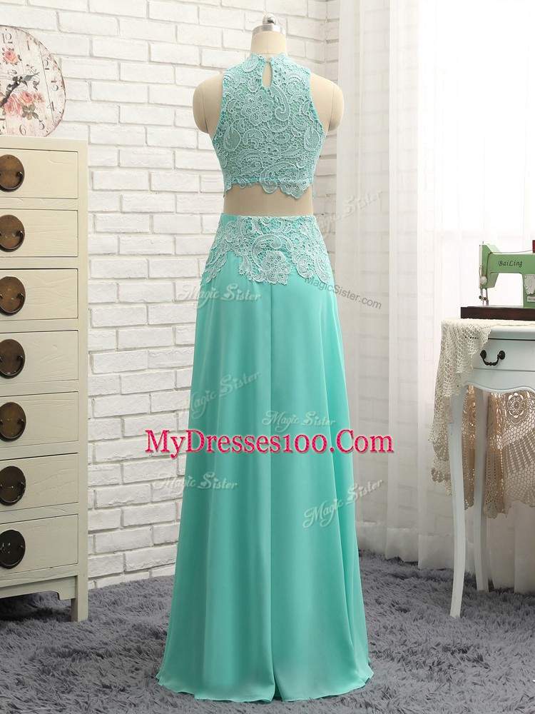 Adorable Apple Green Two Pieces High-neck Sleeveless Chiffon Floor Length Side Zipper Appliques Evening Dress