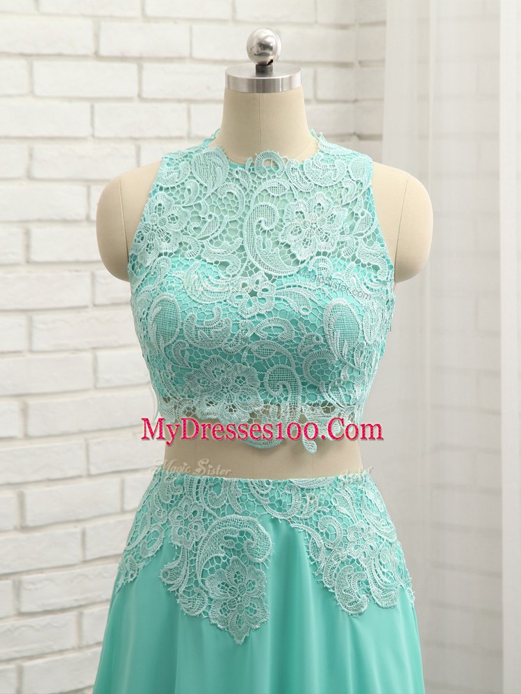 Adorable Apple Green Two Pieces High-neck Sleeveless Chiffon Floor Length Side Zipper Appliques Evening Dress