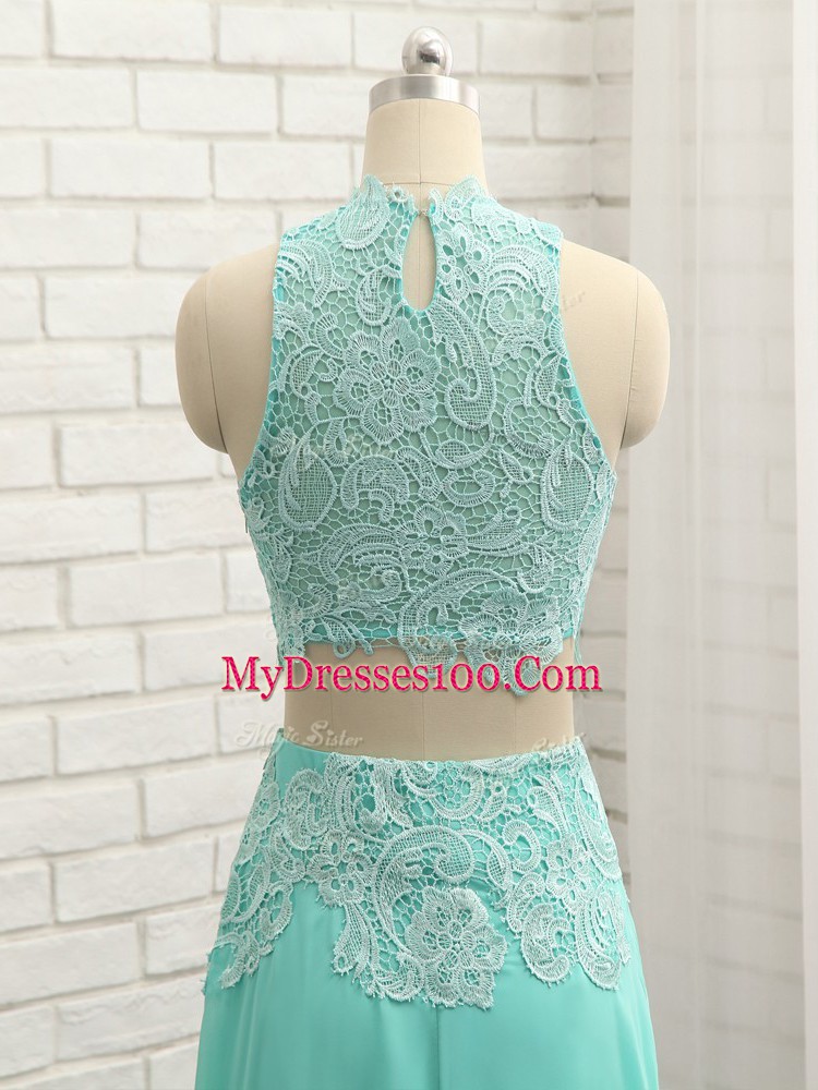Adorable Apple Green Two Pieces High-neck Sleeveless Chiffon Floor Length Side Zipper Appliques Evening Dress
