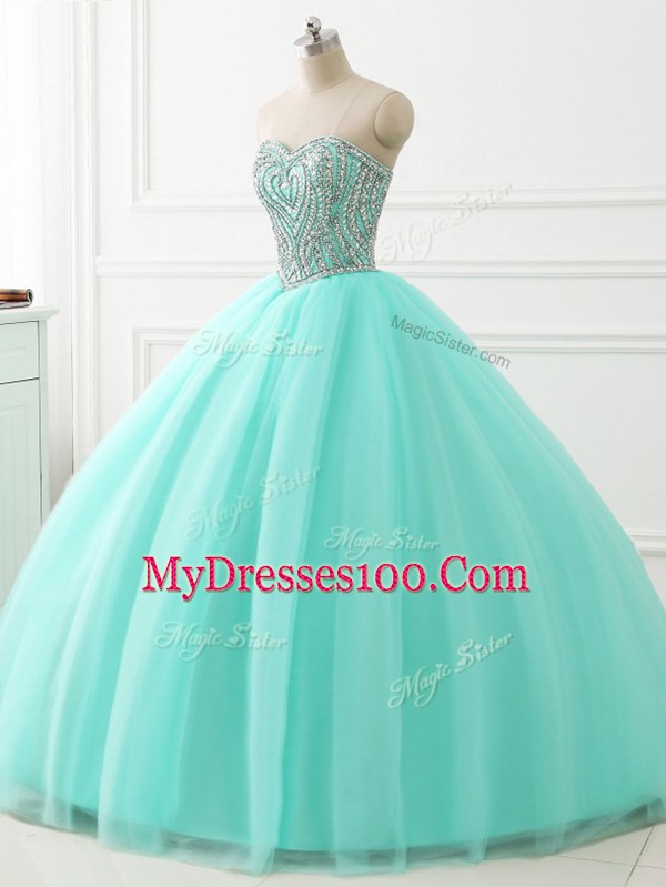Cheap Apple Green Lace Up Sweetheart Beading Sweet 16 Dresses Tulle Sleeveless