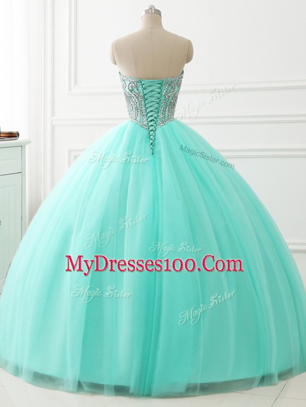 Cheap Apple Green Lace Up Sweetheart Beading Sweet 16 Dresses Tulle Sleeveless
