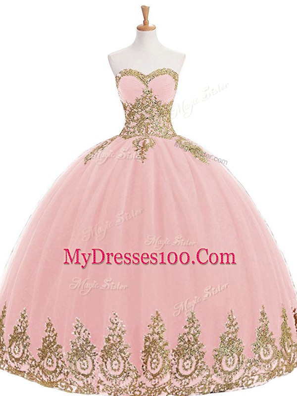 Clearance Baby Pink Lace Up Quinceanera Dress Appliques Sleeveless Floor Length