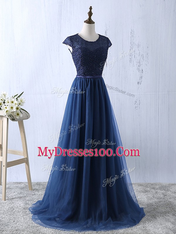 Navy Blue Short Sleeves Lace and Appliques Floor Length Prom Dress