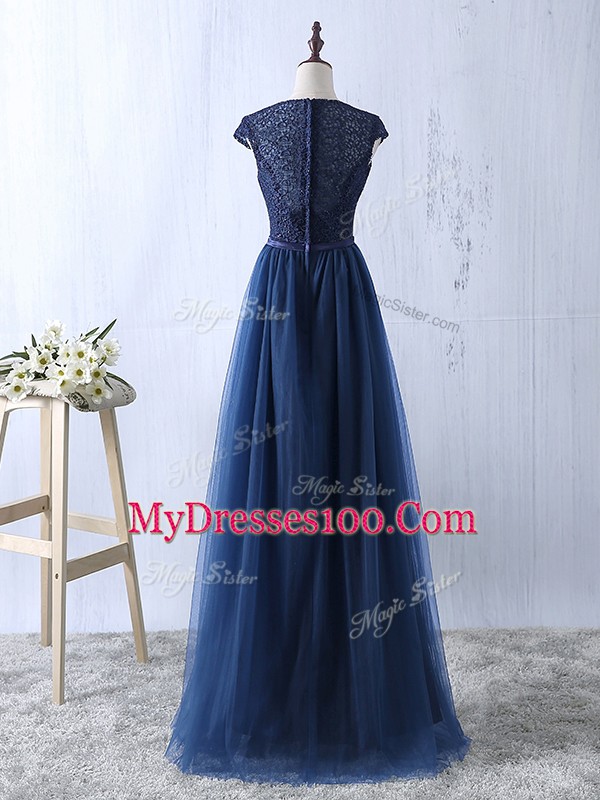Navy Blue Short Sleeves Lace and Appliques Floor Length Prom Dress