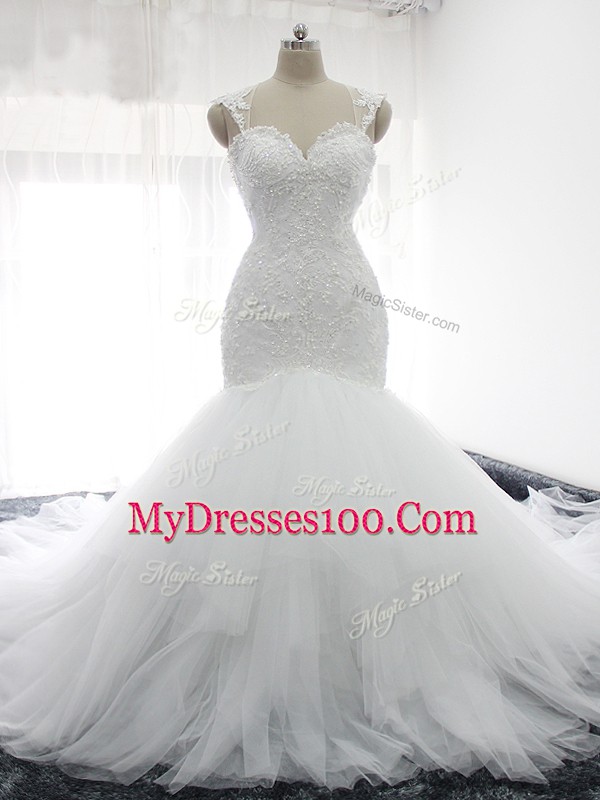 Vintage White Mermaid Straps Sleeveless Tulle Court Train Backless Beading and Ruffles Bridal Gown