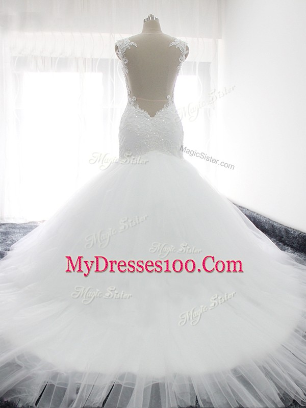 Vintage White Mermaid Straps Sleeveless Tulle Court Train Backless Beading and Ruffles Bridal Gown