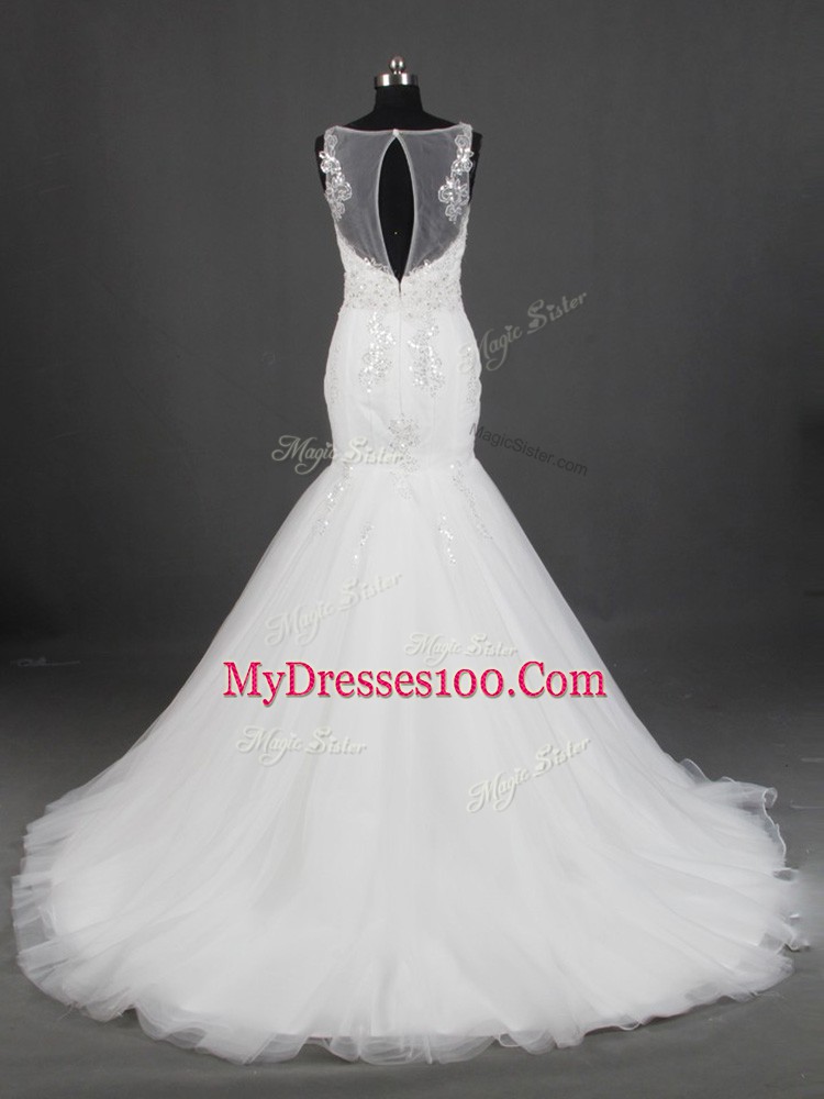 Sexy Mermaid Sleeveless White Wedding Dress Brush Train Zipper