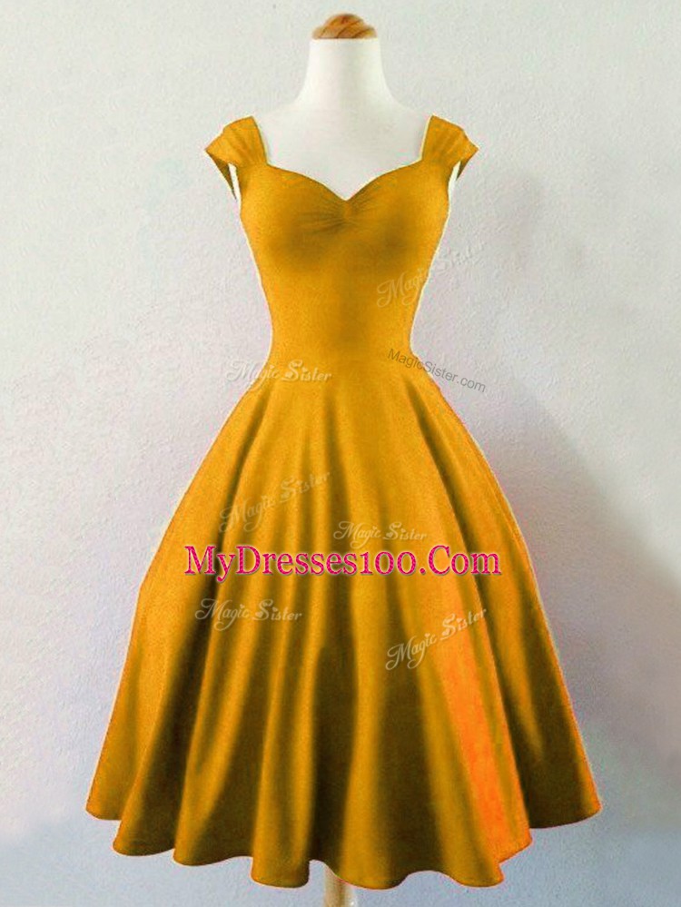 Gold Taffeta Lace Up Wedding Party Dress Sleeveless Mini Length Ruching