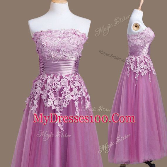 Edgy Lilac Strapless Lace Up Appliques Bridesmaid Dress Sleeveless