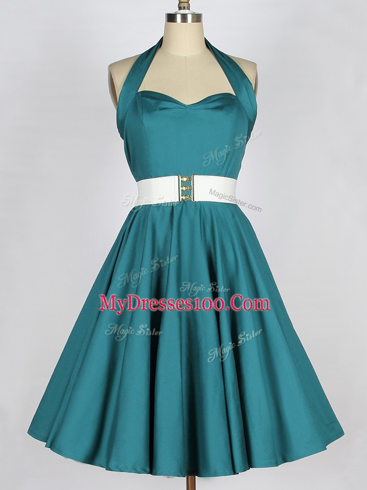Pretty Teal A-line Halter Top Sleeveless Taffeta Knee Length Lace Up Belt Bridesmaid Dresses