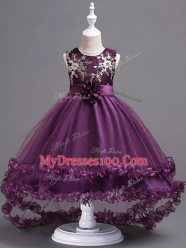 Scoop Sleeveless Tulle Girls Pageant Dresses Appliques and Hand Made Flower Zipper