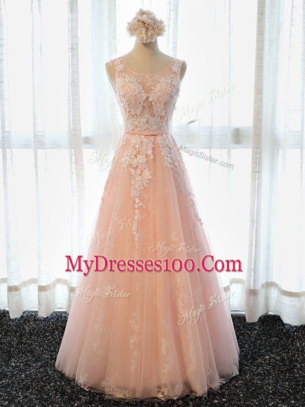 Excellent Scoop Sleeveless Lace Up Homecoming Dress Peach Tulle