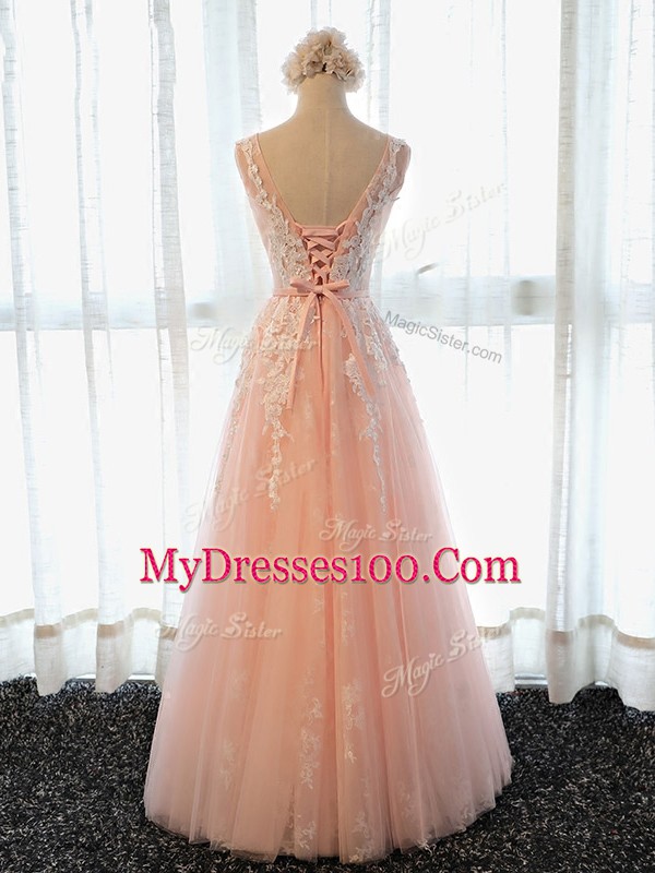 Excellent Scoop Sleeveless Lace Up Homecoming Dress Peach Tulle