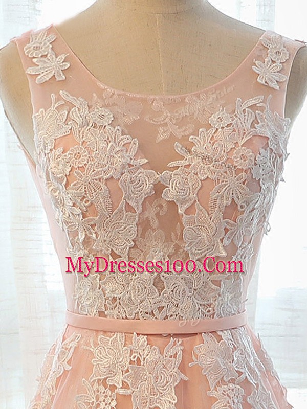 Excellent Scoop Sleeveless Lace Up Homecoming Dress Peach Tulle