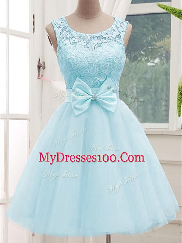 Extravagant Sleeveless Tulle Knee Length Lace Up Damas Dress in Aqua Blue with Lace