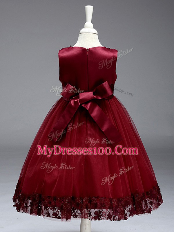 Burgundy Scoop Zipper Appliques and Bowknot Little Girls Pageant Gowns Sleeveless