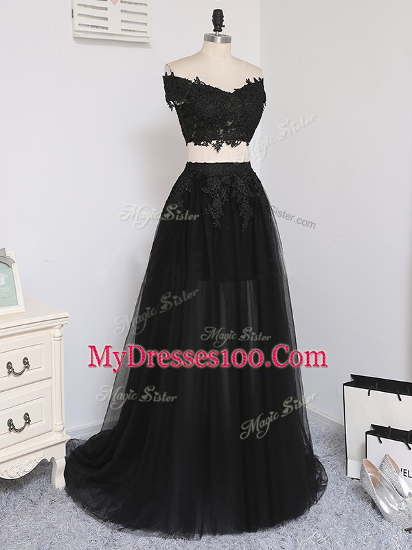 Black Off The Shoulder Neckline Beading Prom Gown Sleeveless Zipper