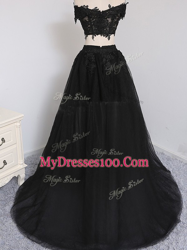 Black Off The Shoulder Neckline Beading Prom Gown Sleeveless Zipper