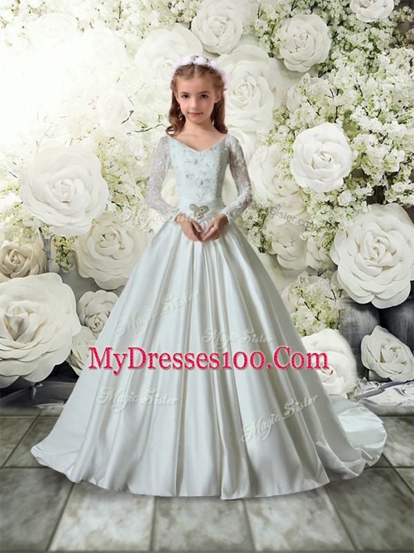 Excellent White Flower Girl Dresses for Less V-neck Long Sleeves Brush Train Clasp Handle
