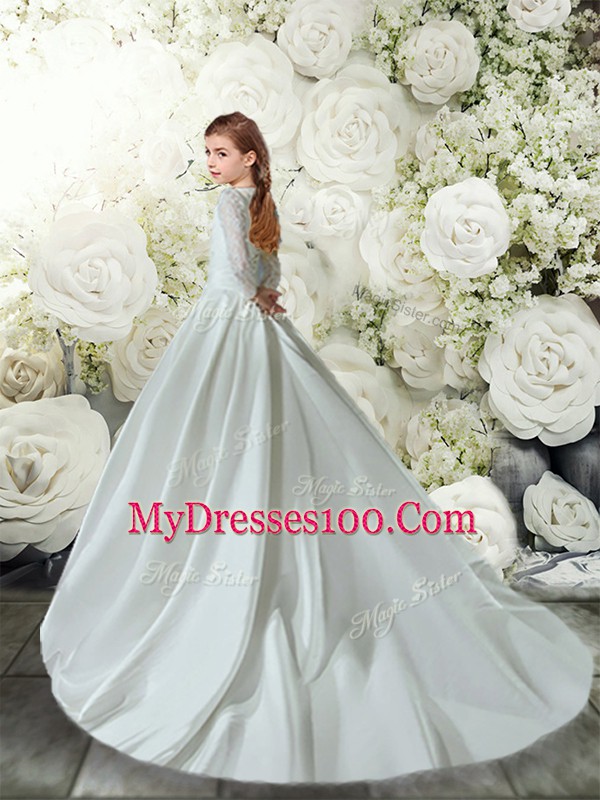 Excellent White Flower Girl Dresses for Less V-neck Long Sleeves Brush Train Clasp Handle